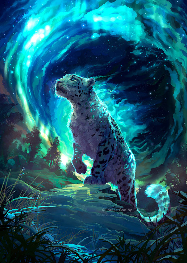 A Snow Leopard shimmers in the light of the aurora within a mountainous snowy landscape. Client work - Copyright belongs Pardicolor and Wildlife Asia