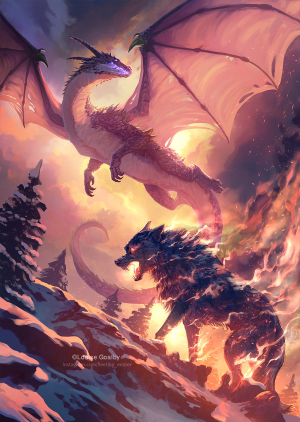 A dragon and a flaming wolf meet at sunset in a snowy landscape in this detailed fantasy illustration - Client work