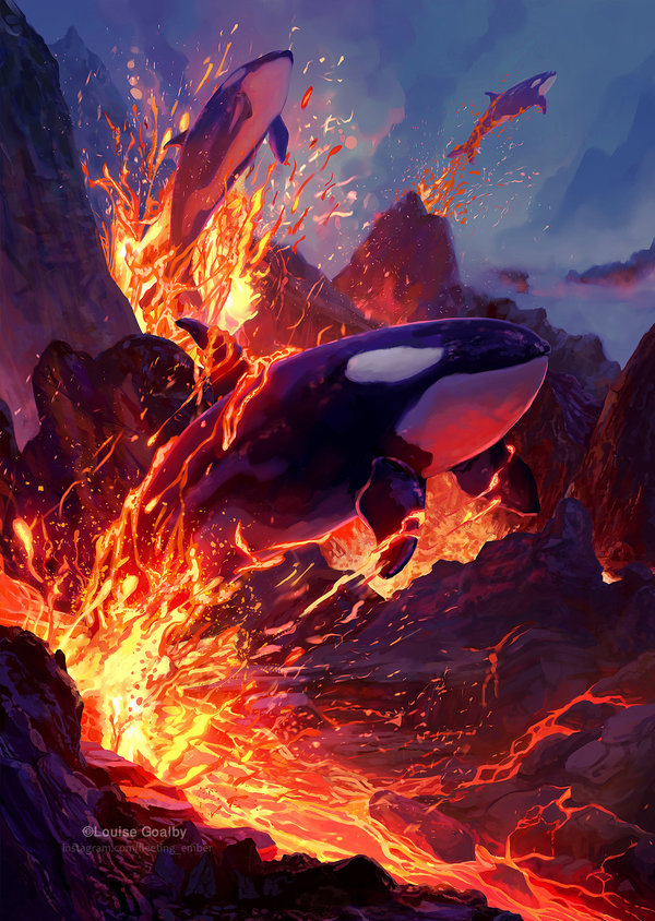 A dramatic fantasy piece featuring orcas leaping out of a volcano. Personal work.